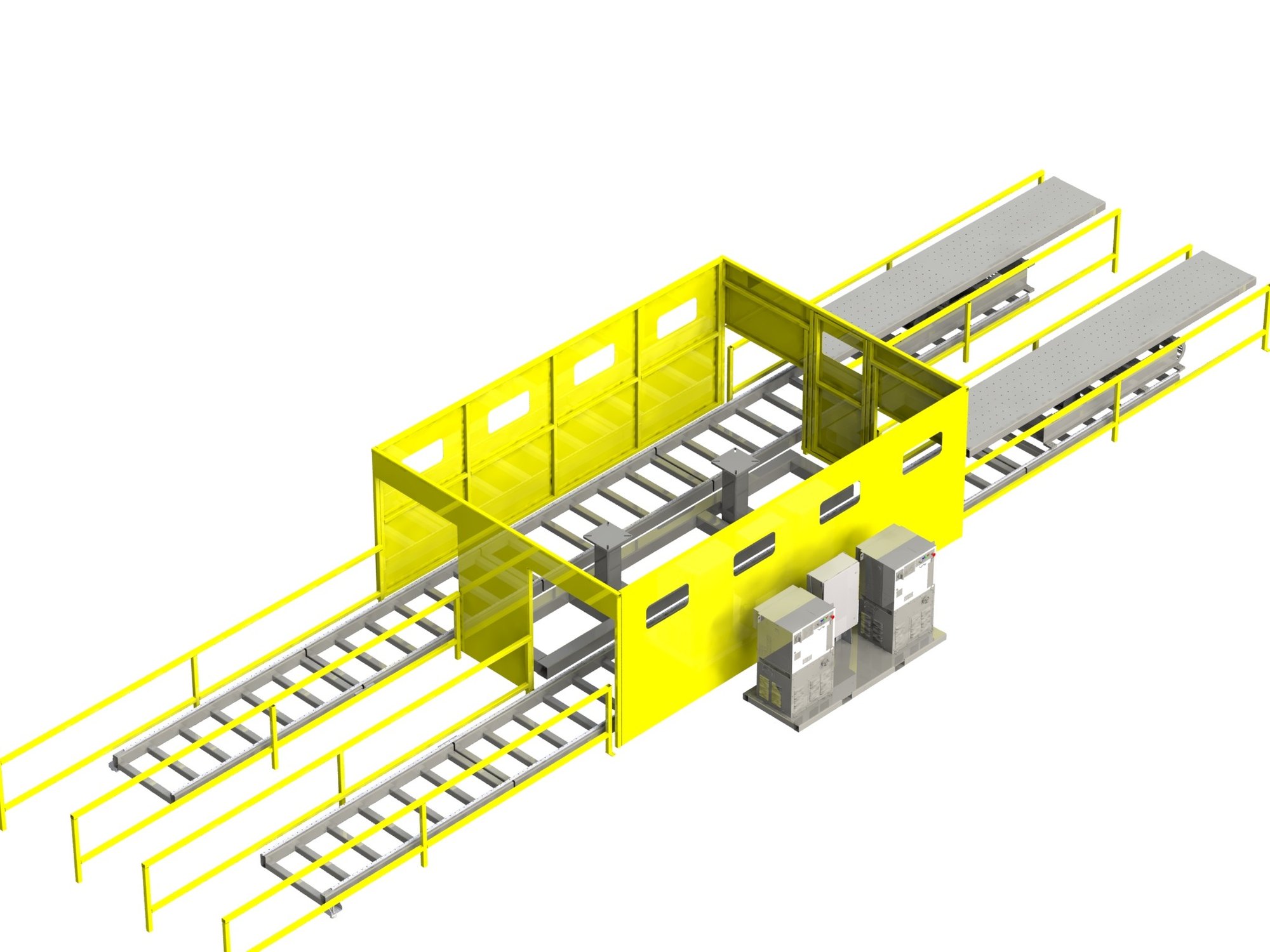 Custom automated conveyor line with rollers, safety fencing, and a robot