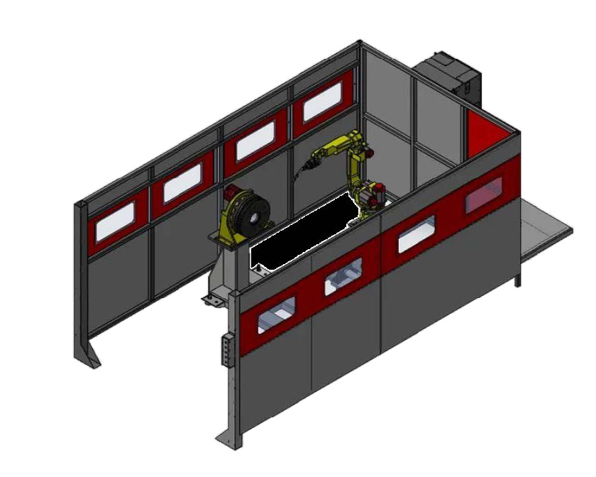 Single zone weld cell with a fixture table inside two-tone walls