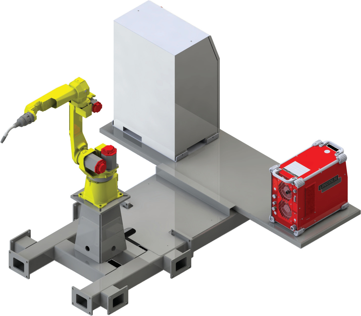 Starter stand with a Fanuc welding robot, welder, and controller on one skid